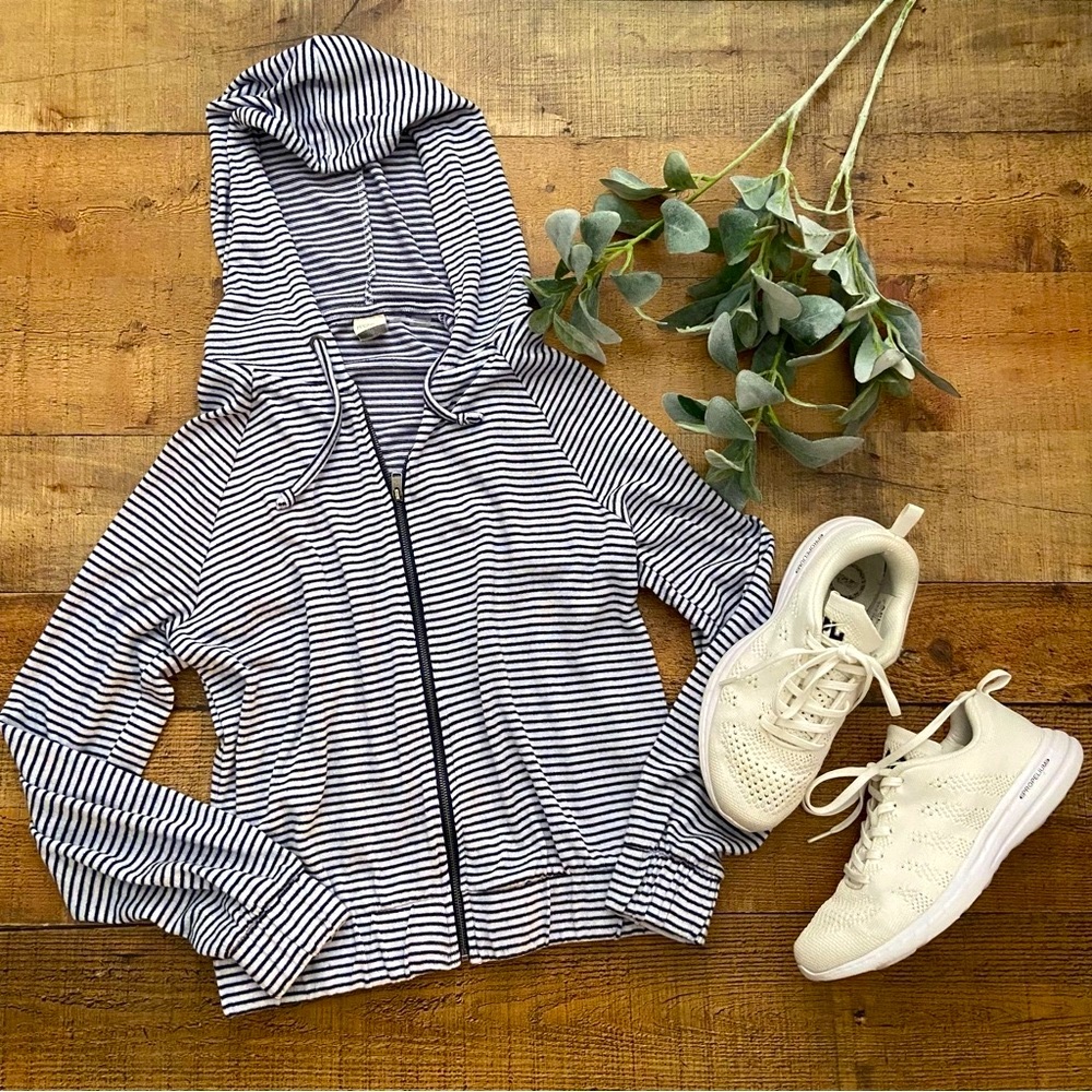 Roxy Navy + White Striped Zip Up Hoodie, Elastic Waistband